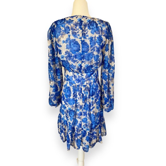 Alex Marie Simone Cobalt Floral Print Puff Sleeve Tiered A-Line V-neck Dress - Picture 3 of 8